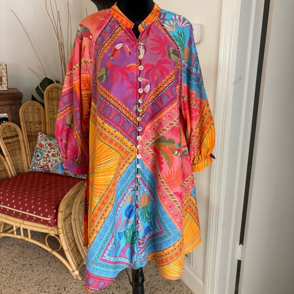 FARM RIO Colorful Scarf Print Swing Shirt Dress! NWOT! 3/4 Sleeve! COTTON. Large - Picture 2 of 14